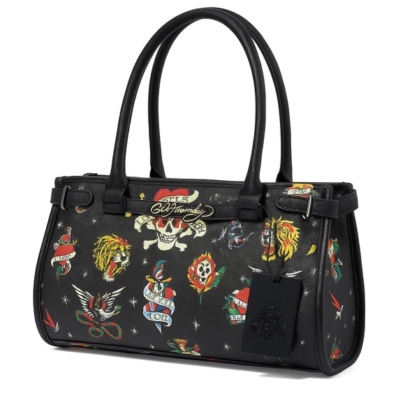 NWT ED HARDY Tattoo Graphic Handbag Skull Zipper Pull Black Crossbody Satchel - Picture 1 of 9